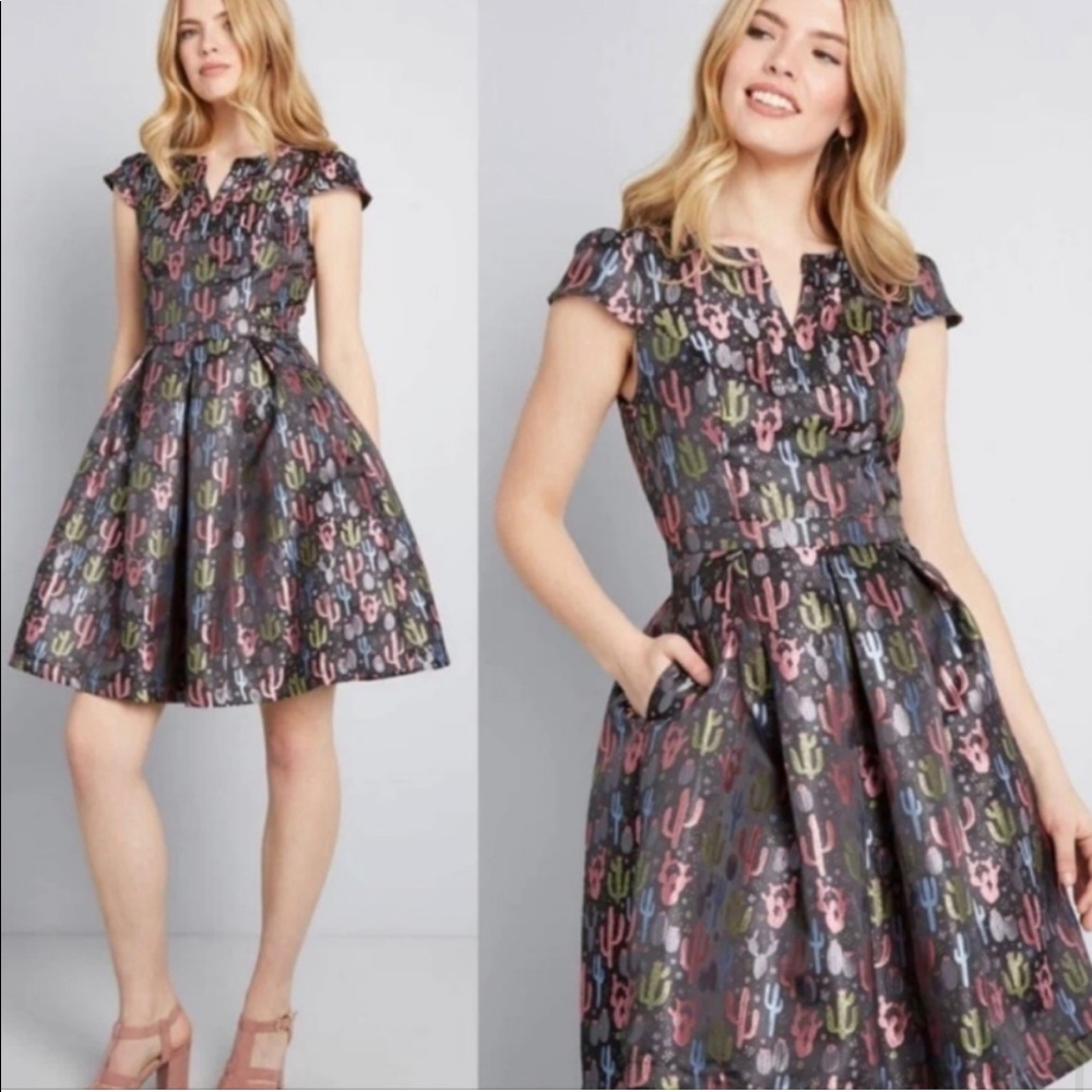 ModCloth Metallic Cactus Desert Print Fit and Flare Pockets Dress